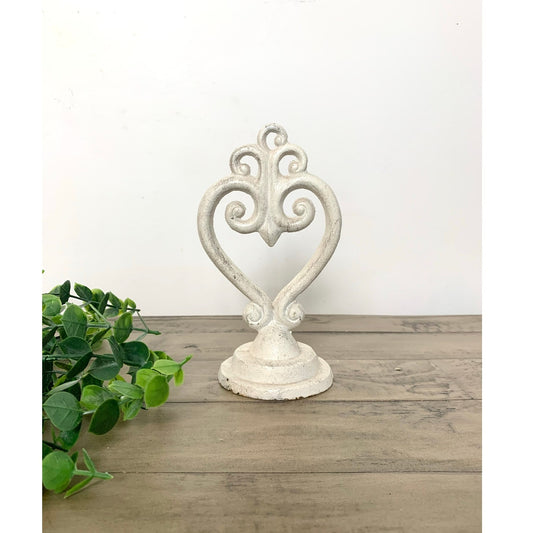 Vintage White Cast Iron Heart Scroll Doorstop Bookend Finial Shabby Cottage