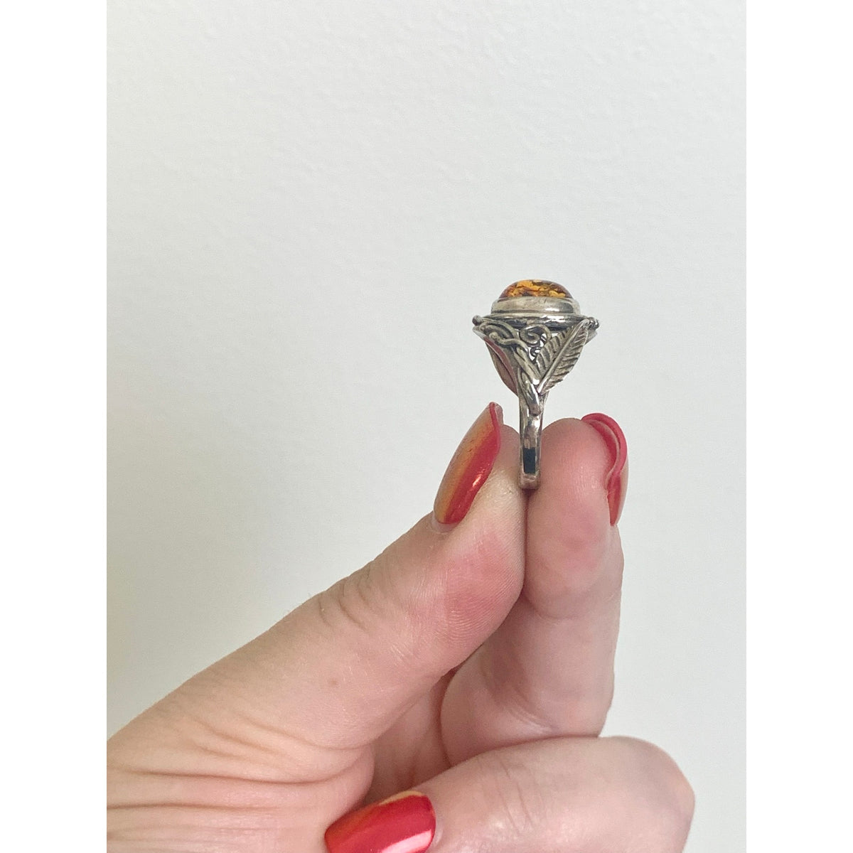 Vintage Sterling Silver Amber Ring Botanical Leaf Filigree Jewelry Boho Southwestern