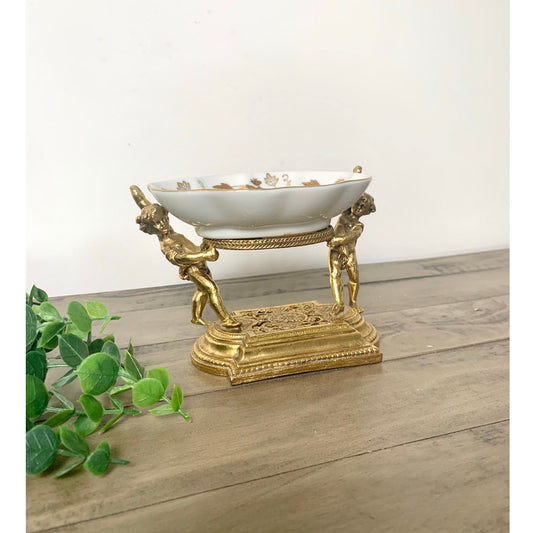 Vintage Gilded Ormolu Cherub Soap Dish Pedestal Catchall Bowl Hollywood Regency