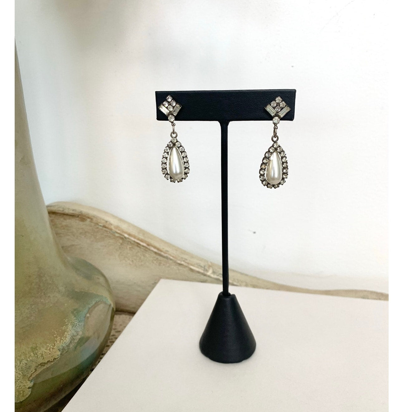 Vintage Art Deco Rhinestone Faux Pearl Drop Earrings Teardrop Bridal Dangle Post Back