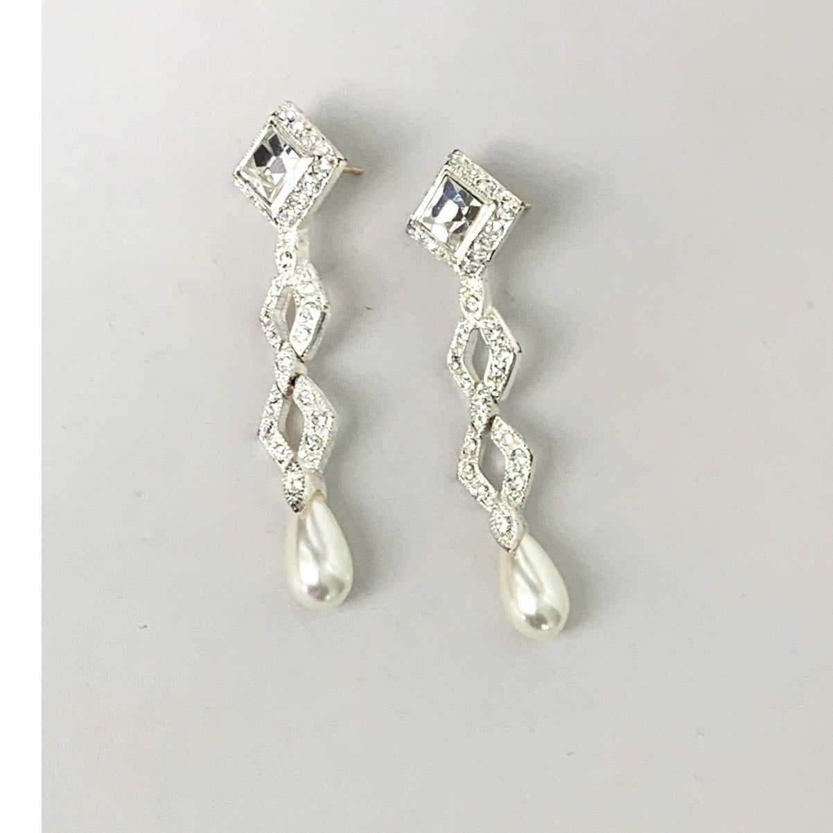 Vintage Silvertone Rhinestone Faux Pearl Drop Earrings Geometric Bridal Dangle
