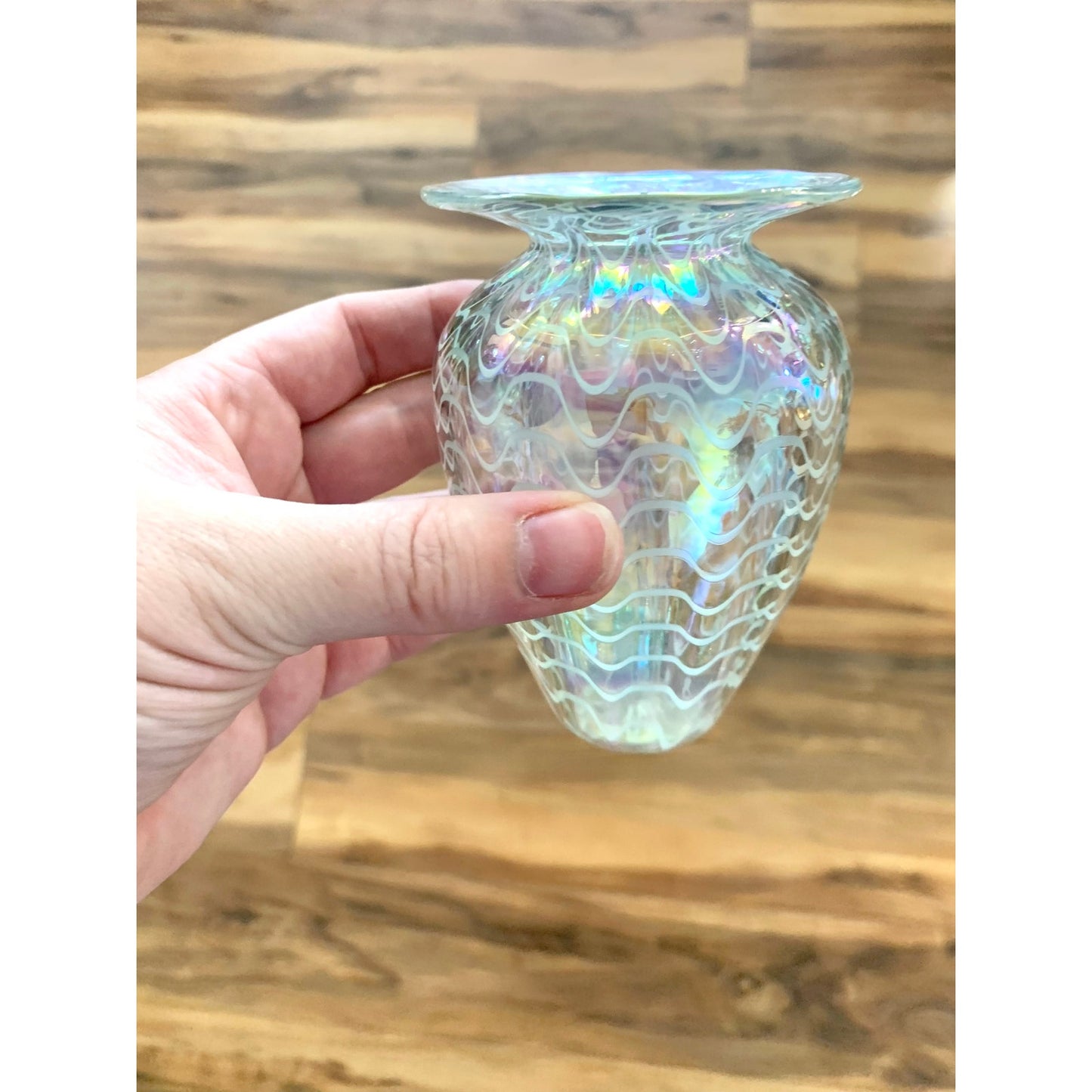 Vintage Glass Eye Studio Iridescent Art Glass Vase Handblown with Wavy Design