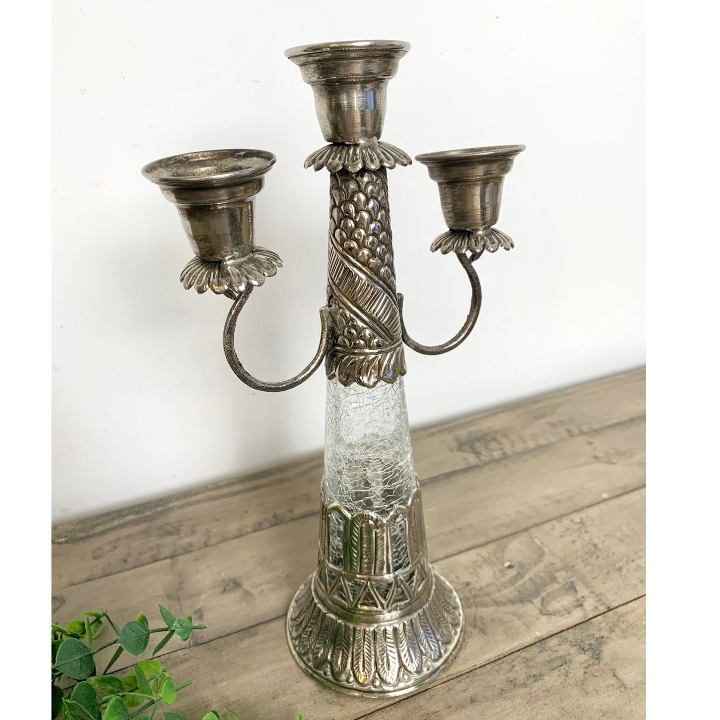 Vintage Ornate Silver Tone Candelabra Crackle Glass Stem Three Arm Candle Holder
