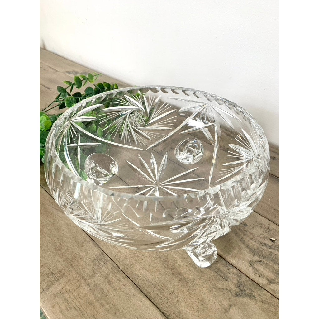 Vintage Cut Crystal Footed Bowl Starburst Centerpiece Vase Fruit Bowl on Three Feet Elegant Serving