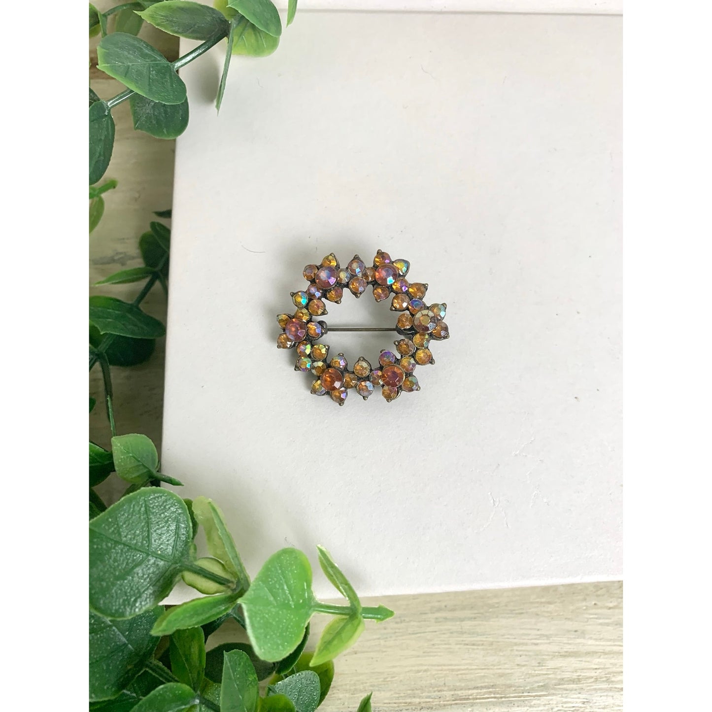 Vintage Aurora Borealis Rhinestone Wreath Brooch Statement Pin Mid Century Glam