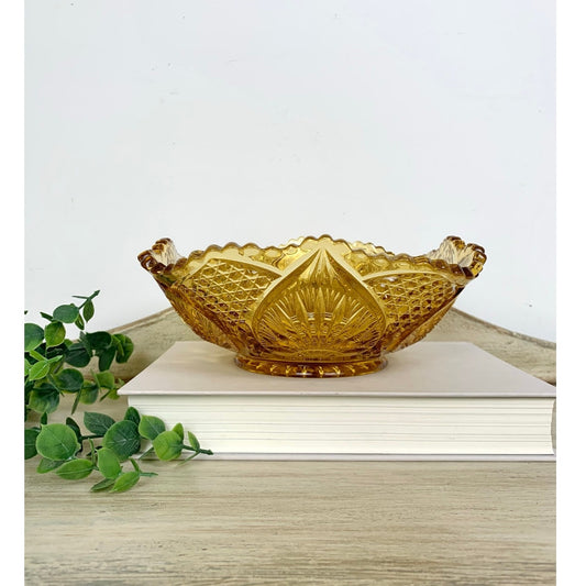 Vintage Kemple Amber Glass Bowl Diamond Cut Serving Dish Cottagecore Mid Century