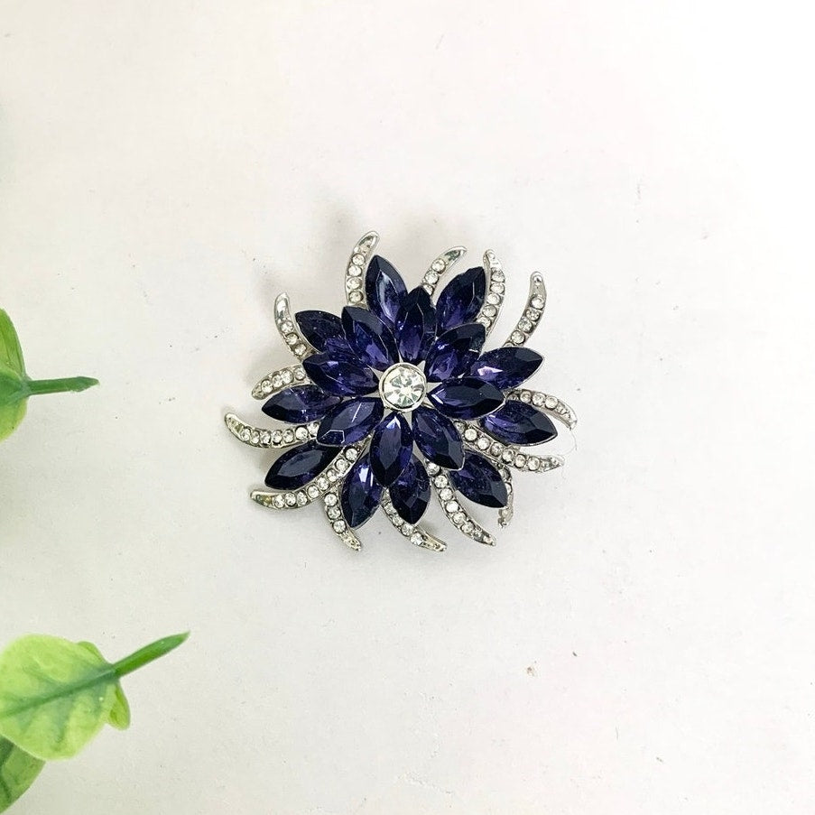 Vintage Blue Violet Rhinestone Flower Brooch Silvertone Statement Pin Mid Century Glam