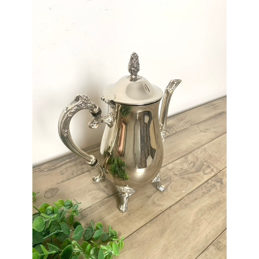 Vintage Silverplate Coffee Pot Tea Pot Ornate Footed Serving Dish Hinged Lid Floral Elegant