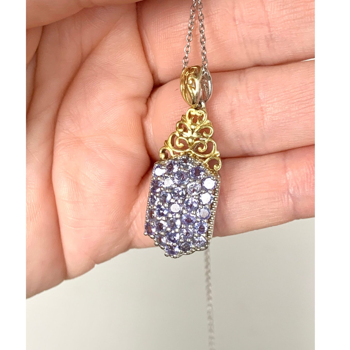Sterling Silver Tanzanite Pendant Necklace with Gold Filigree Accent, STS 925