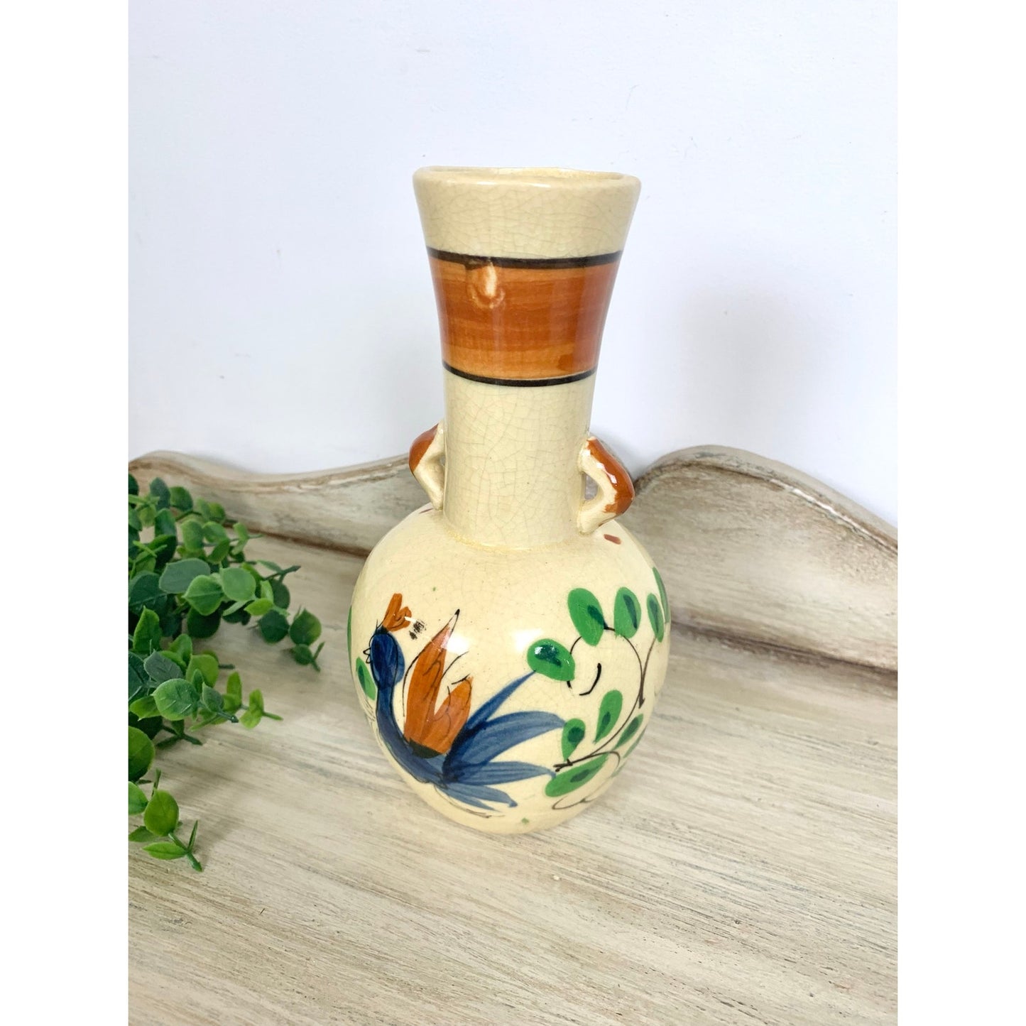 Vintage Thura Satsuma Vase Japan Ho Ho Bird Hand Painted Phoenix Mid Century
