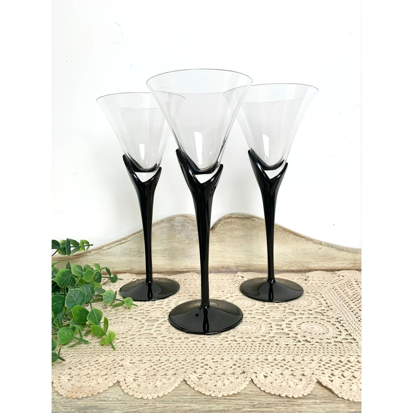 Vintage Mikasa Vogue Onyx Martini Glasses Set of 3 Black Stem Cocktail Glasses Barware Elegant