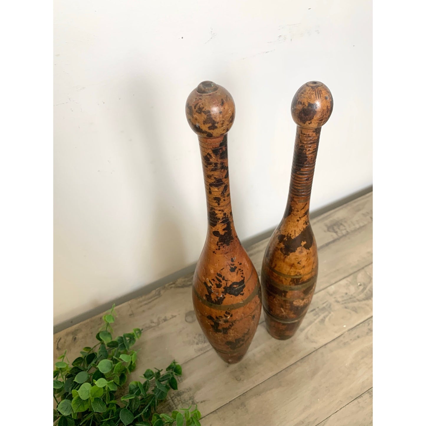 Antique Wooden Indian Clubs Rustic Decorative Skittles Pair Pins Old Money Aged