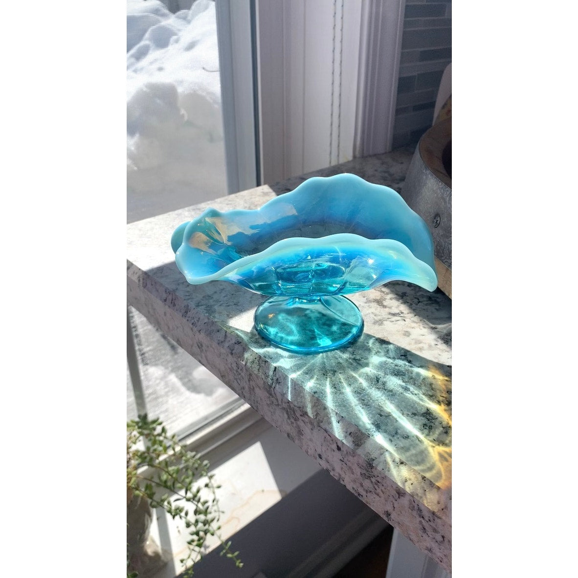 Vintage Dugan Opalescent Blue Glass Nappy Dish Aqua Pedestal Bowl Cottage Boho