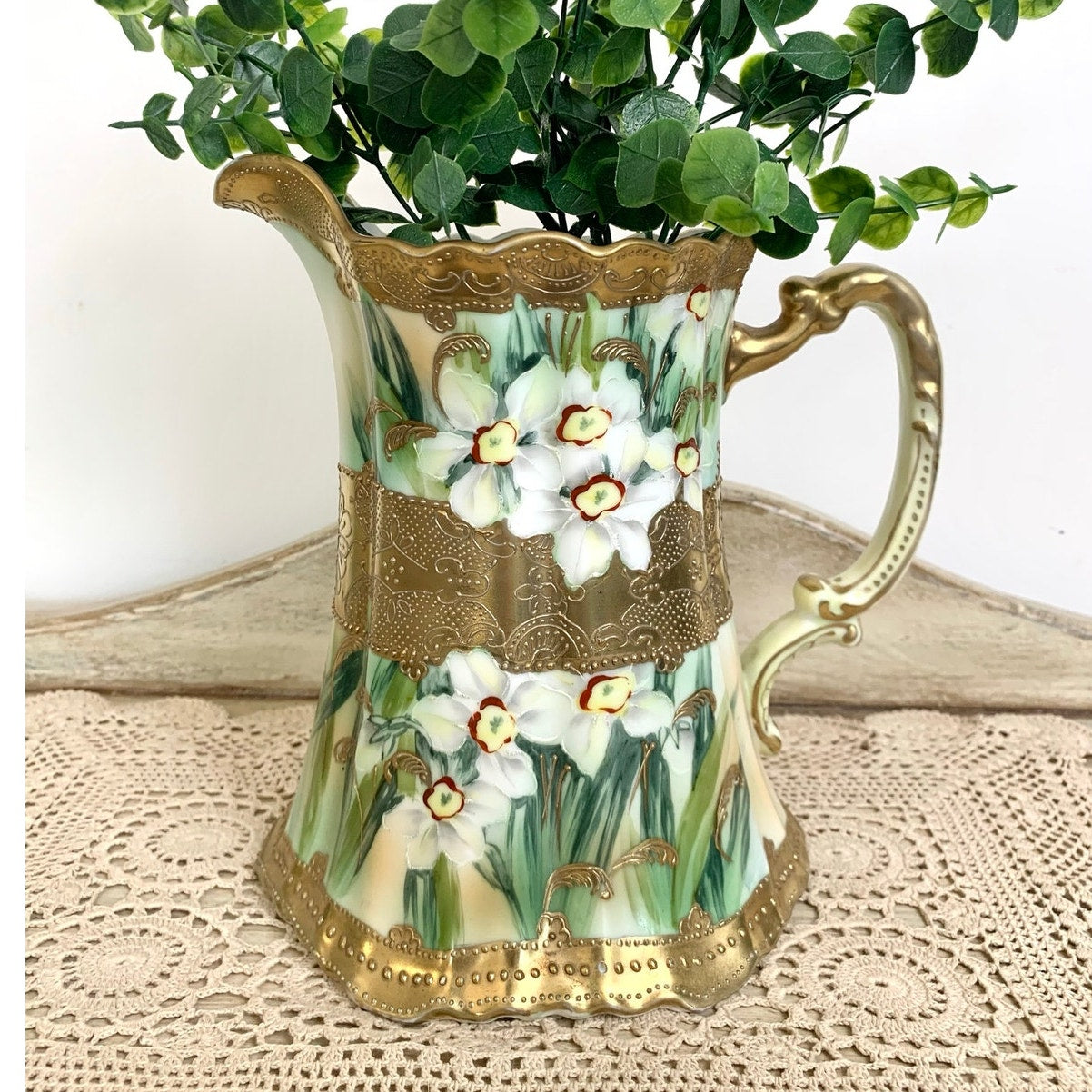 Antique Hand Painted Nippon Porcelain Pitcher Vase Floral Gold Romantic Cottage