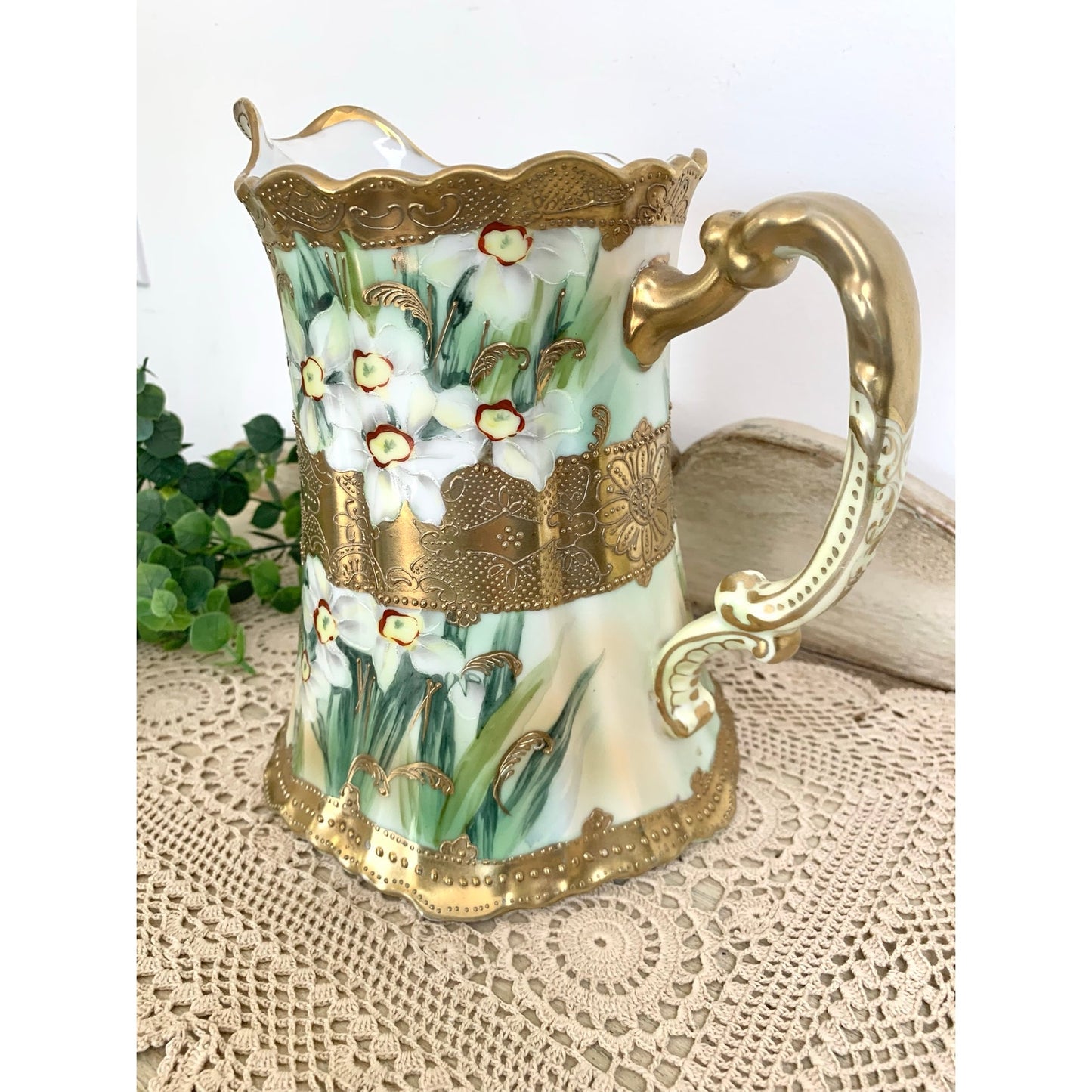 Antique Hand Painted Nippon Porcelain Pitcher Vase Floral Gold Romantic Cottage