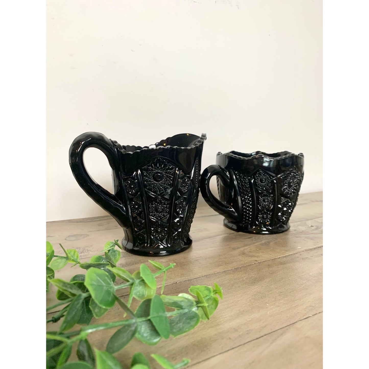 Vintage Tiara Indiana Glass Black Daisy Monarch Creamer and Sugar Set – Pressed Glass Mid Century Barware