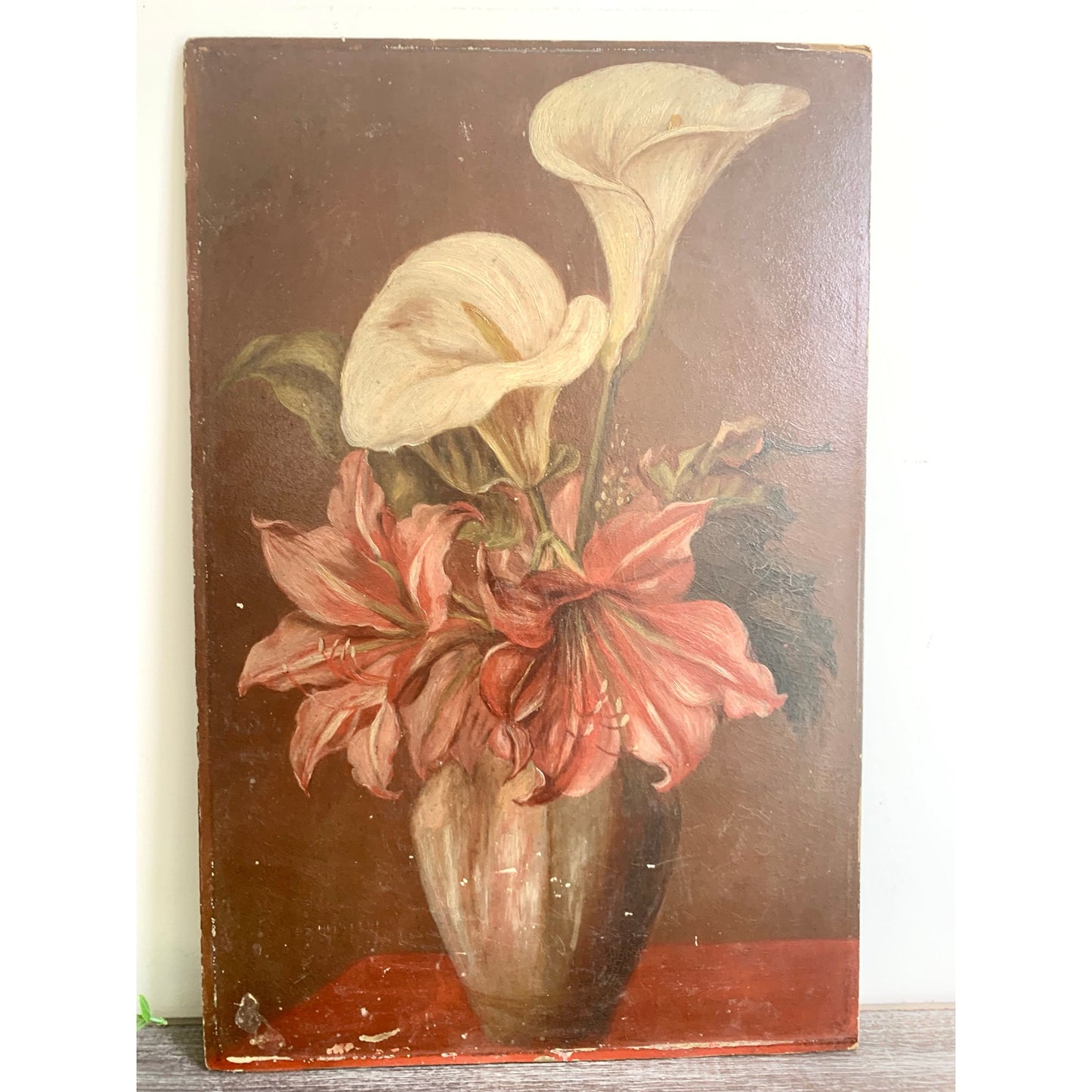 Antique Floral Still Life Oil Painting on Board – Red White Lilies 18” x 11.9” Vintage Art Romantic