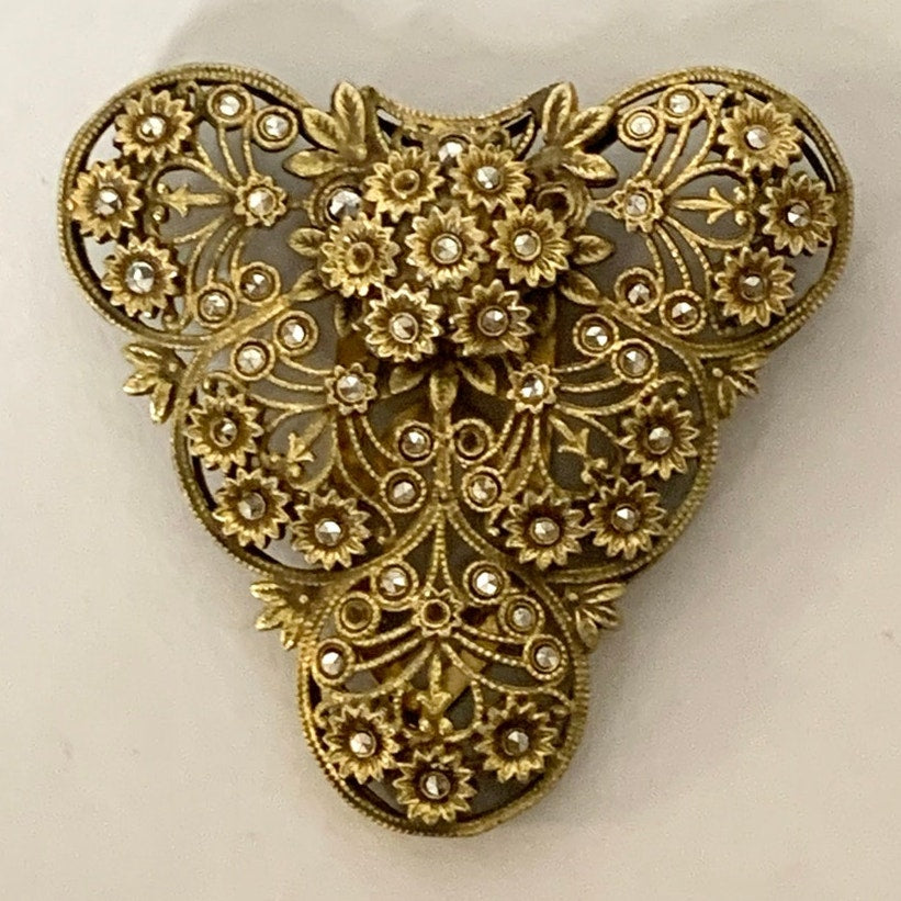 Antique 1920s Goldtone Filigree Dress Clip Marcasite Floral Art Deco Jewelry Scarf Clip