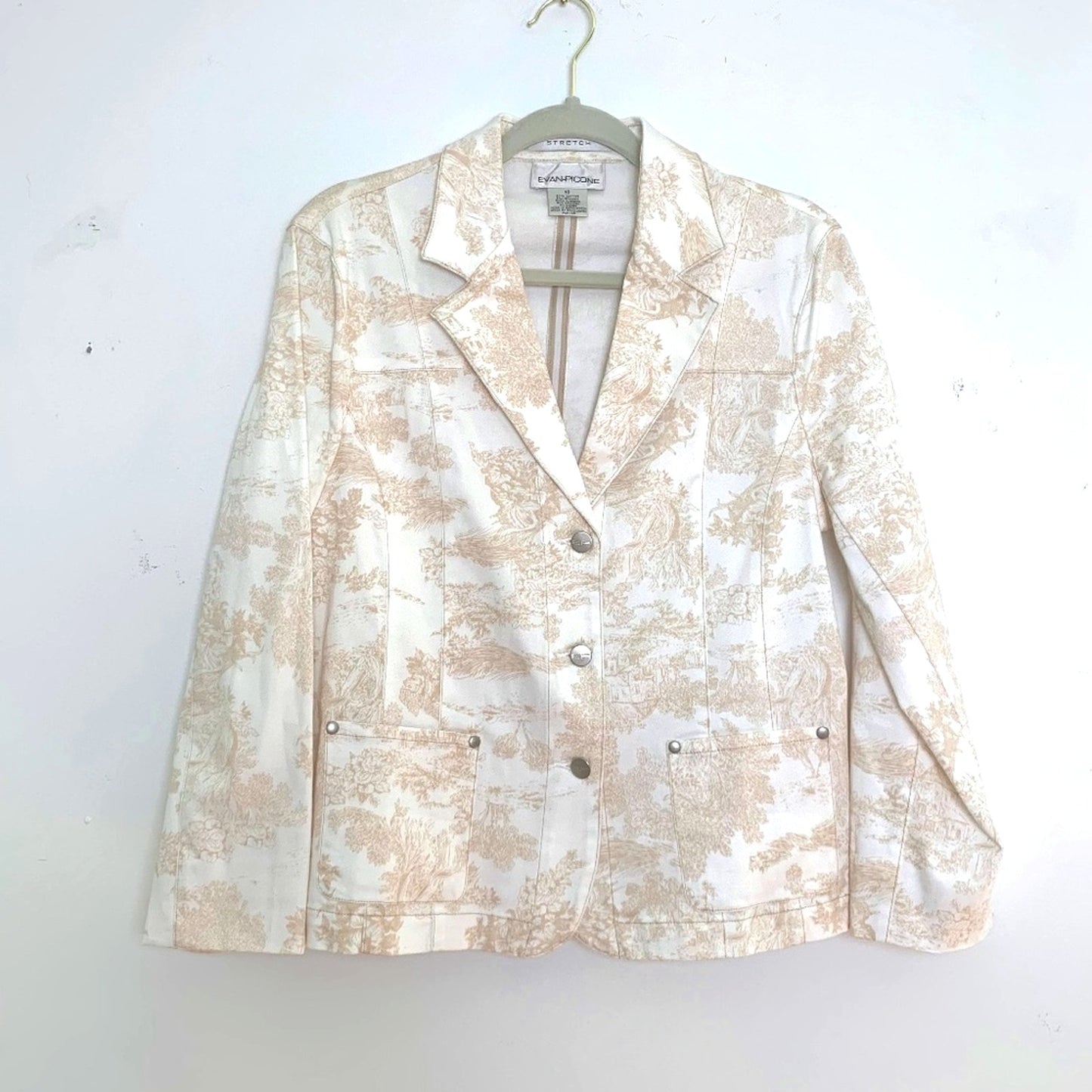 Evan Picone Toile Print Blazer White Beige Stretch Denim Jacket Structured Size 10