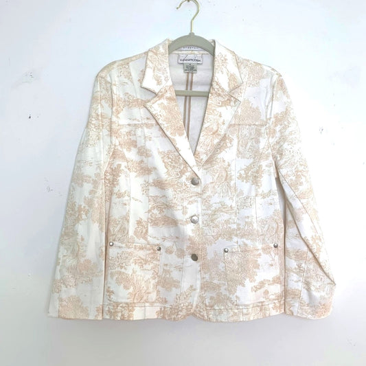 Evan Picone Toile Print Blazer White Beige Stretch Denim Jacket Structured Size 10