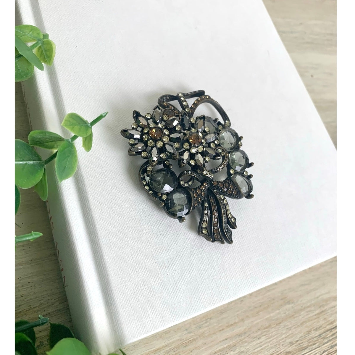Vintage Avon Smoky Gray Topaz Glass Rhinestone Floral Bouquet Brooch Statement Pin