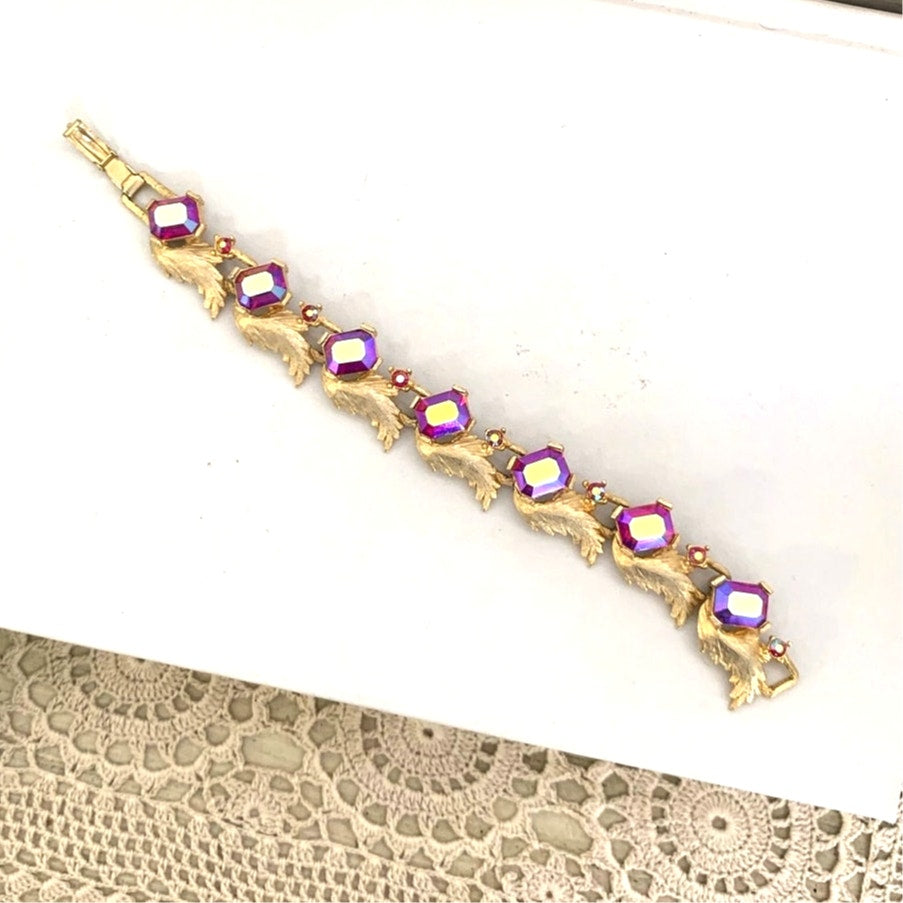 Vintage Pink Aurora Borealis Rhinestone Bracelet Gold Leaf Statement Jewelry Glam