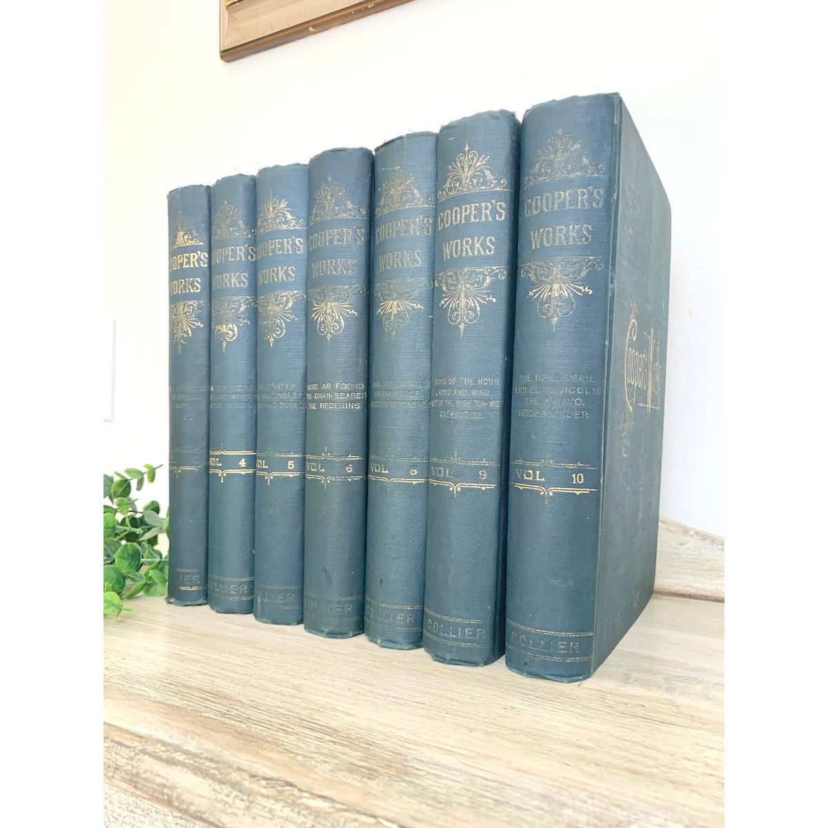 Antique 1891 James Fenimore Cooper Works Seven Volume Blue Gilt Book Set