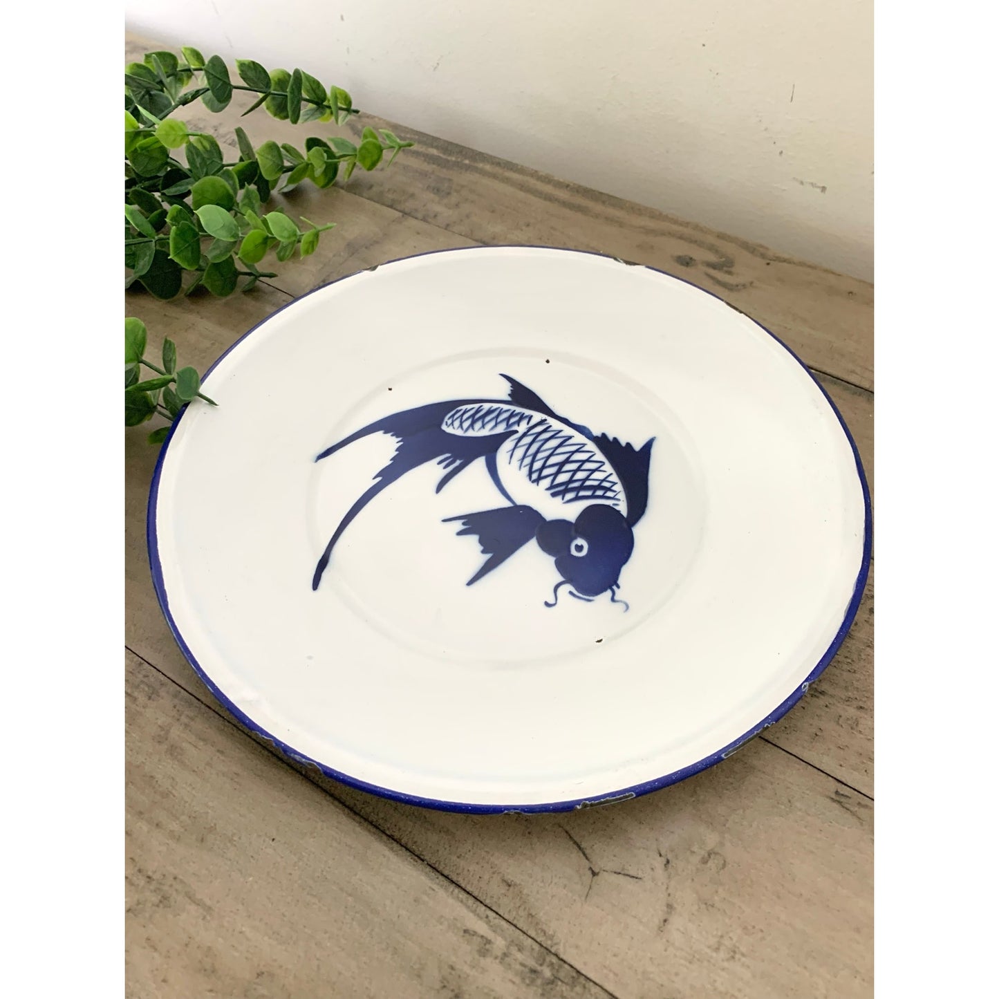 Vintage Butterfly Brand Enamelware Plate Blue Koi Fish Farmhouse Chinoiserie