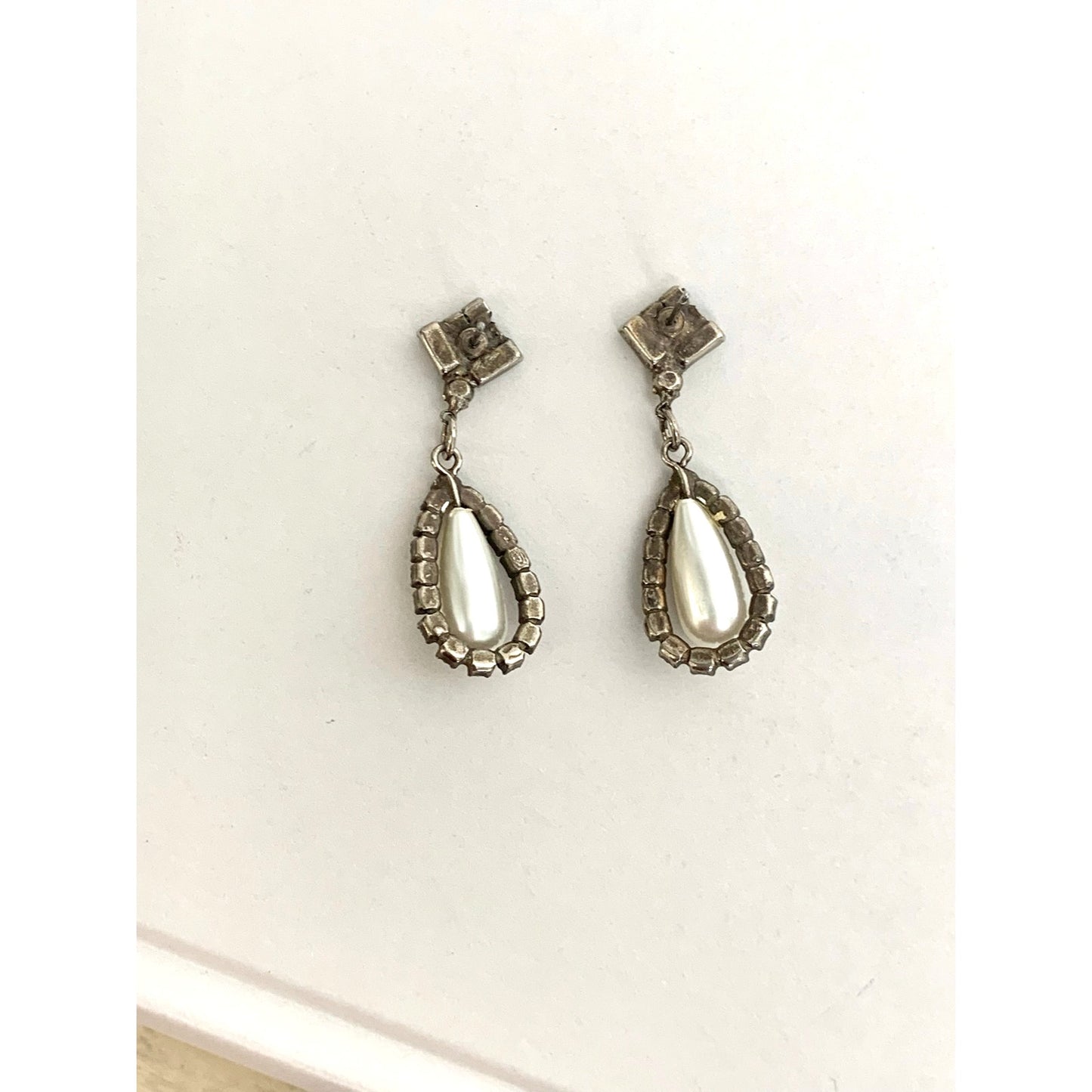Vintage Art Deco Rhinestone Faux Pearl Drop Earrings Teardrop Bridal Dangle Post Back