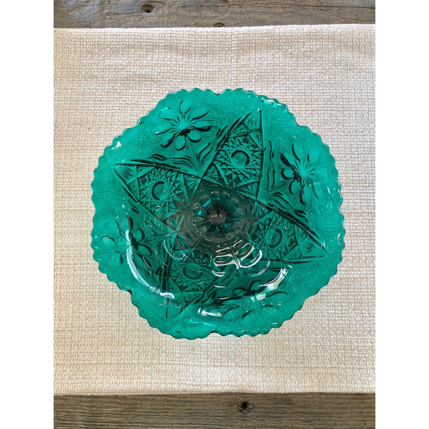 Vintage Green Imperial Glass Pedestal Compote Bowl Dish with Fluted Rim