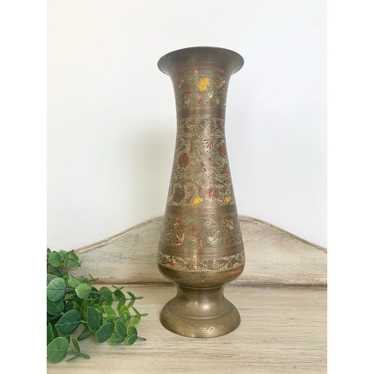 Vintage Etched Brass Vase Floral Fall Boho Hollywood Regency Decor