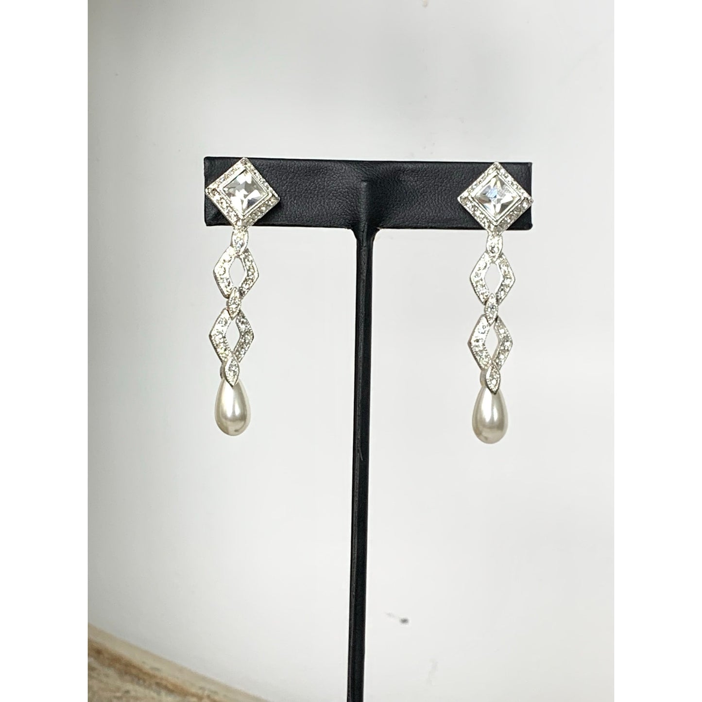 Vintage Silvertone Rhinestone Faux Pearl Drop Earrings Geometric Bridal Dangle