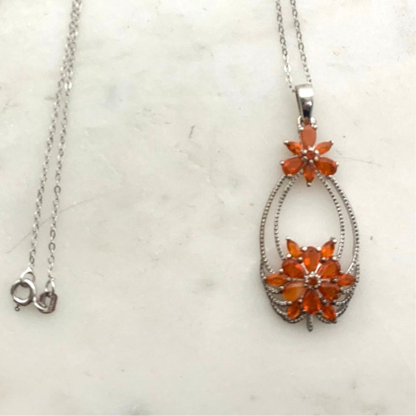 Sterling Silver STS Orange Gemstone Floral Pendant Necklace 925 Vintage Style Statement Necklace