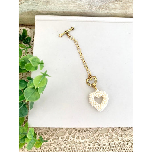 Beaded Pearl Heart Charm Gold Tone Toggle Extender Purse Keychain Romantic Jewelry
