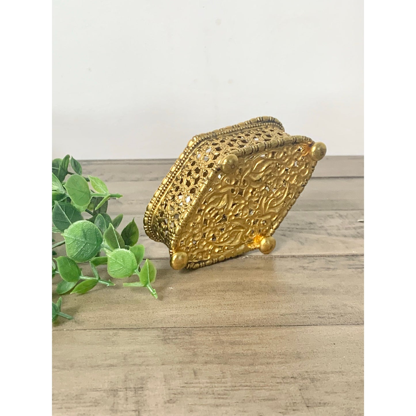 Vintage Ornate Gold Filigree Lipstick Holder Vanity Mirror Footed Hollywood Regency