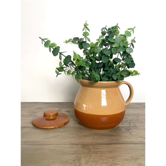 Vintage Bakeware Pottery Crock Jar with Lid Brown Tan Rustic Cottagecore Vase