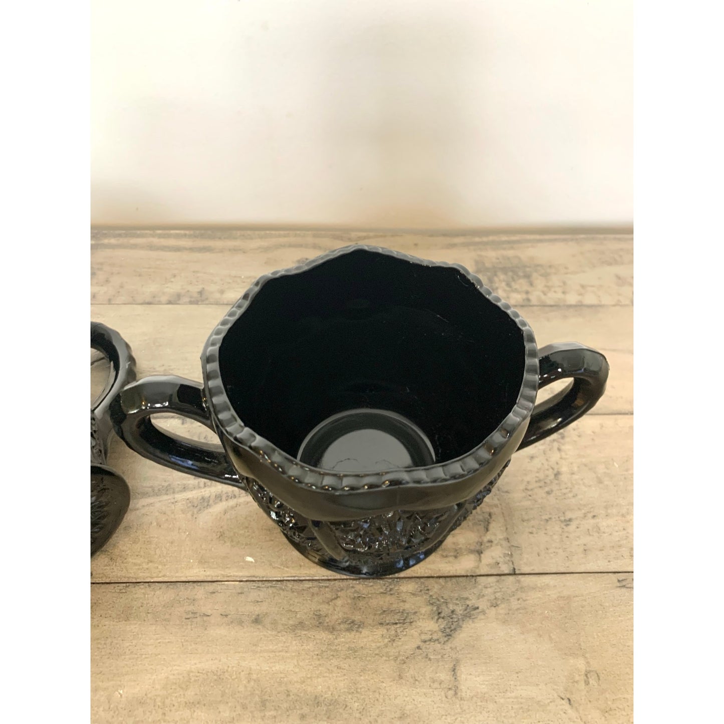 Vintage Tiara Indiana Glass Black Daisy Monarch Creamer and Sugar Set – Pressed Glass Mid Century Barware