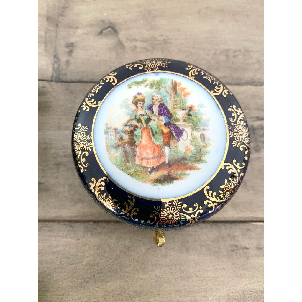 Vintage Hand Painted Porcelain Trinket Box Hinged Lid Made in Germany Courting Couple