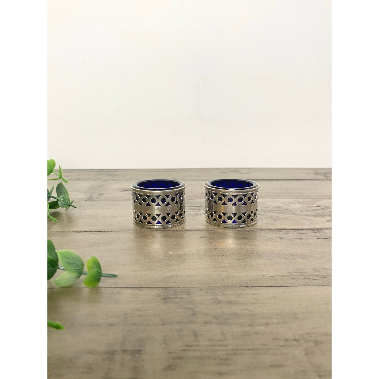 Vintage Silver EPNS Cobalt Blue Glass Salt Cellars Pair Ornate Made in England