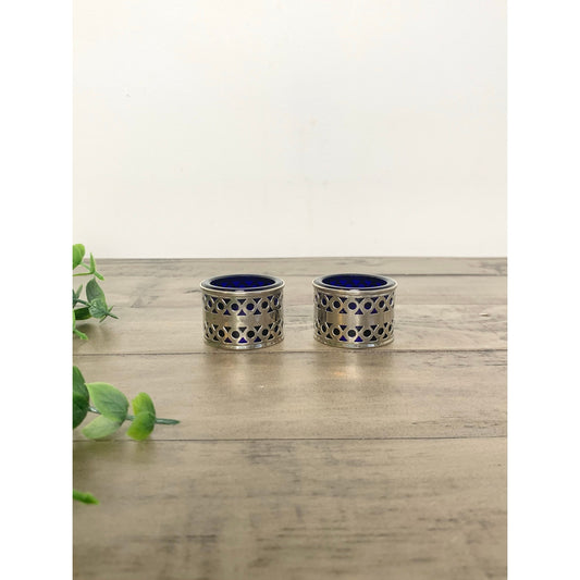 Vintage Silver EPNS Cobalt Blue Glass Salt Cellars Pair Ornate Made in England