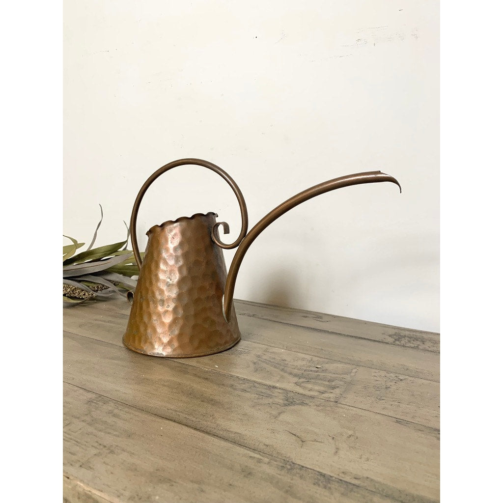 Vintage Hammered Copper Watering Can with Curved Handle and Long Spout Vase