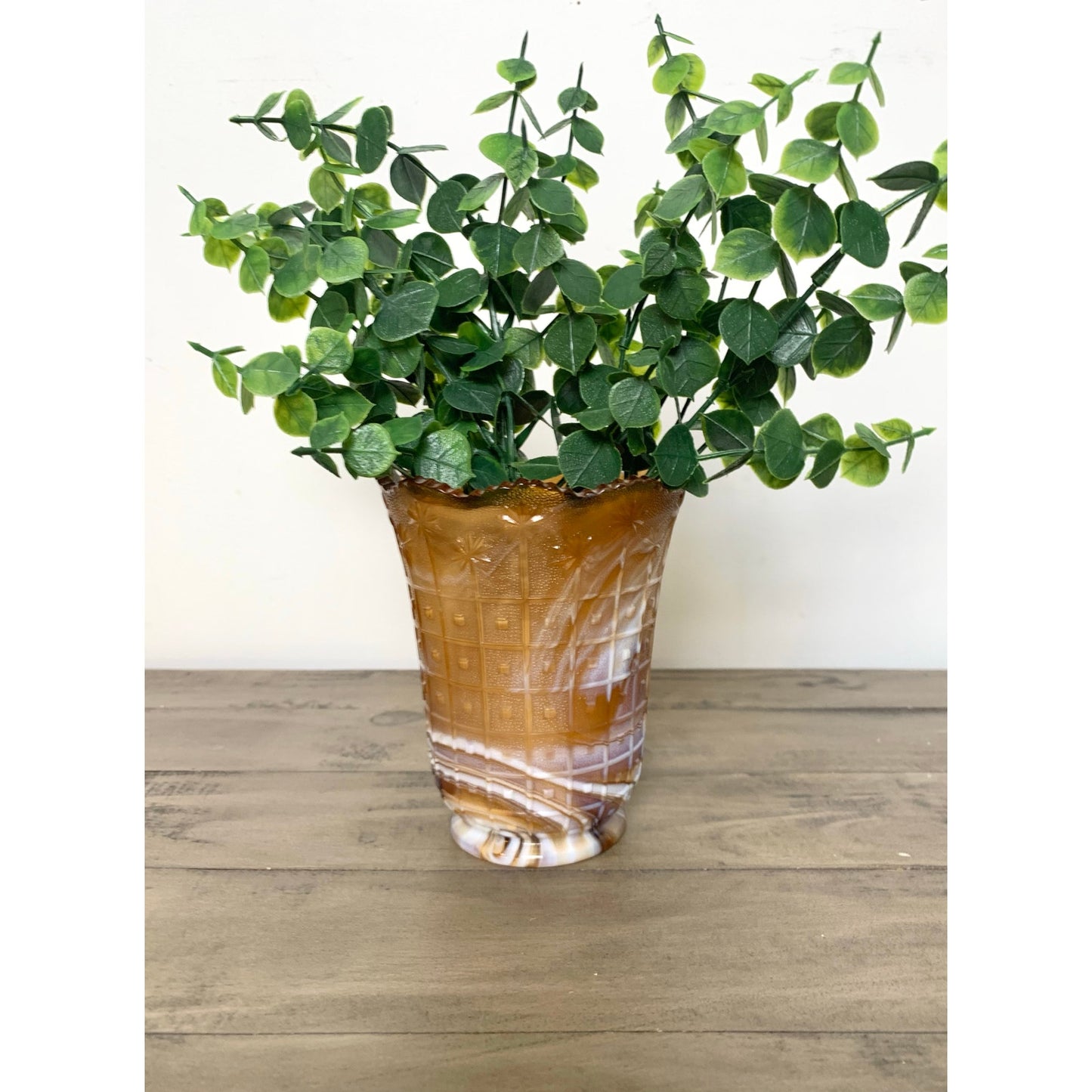 Vintage Imperial Glass Amber Slag Glass Vase Marbled Swirl Mid Century Scalloped