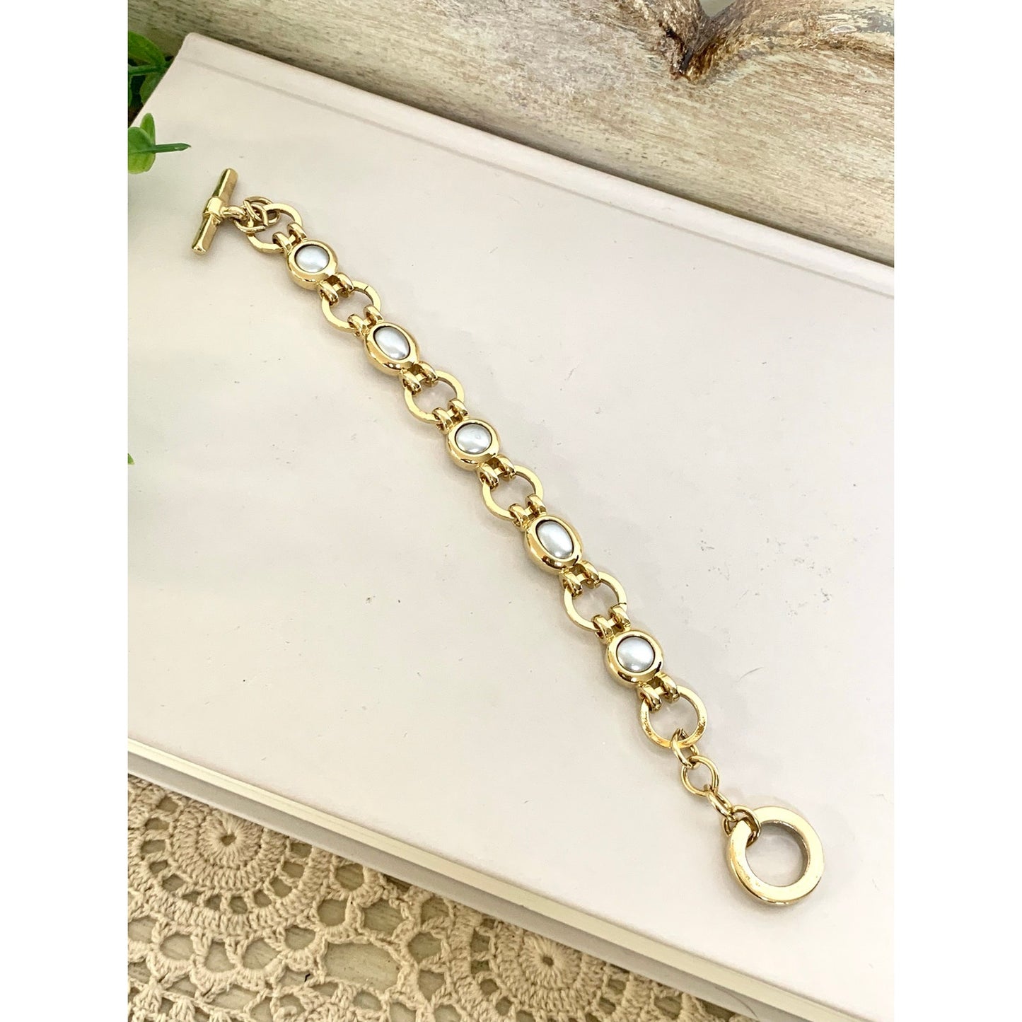 Vintage Liz Claiborne Bracelet Goldtone Silver Cabochon Toggle Bracelet Signed