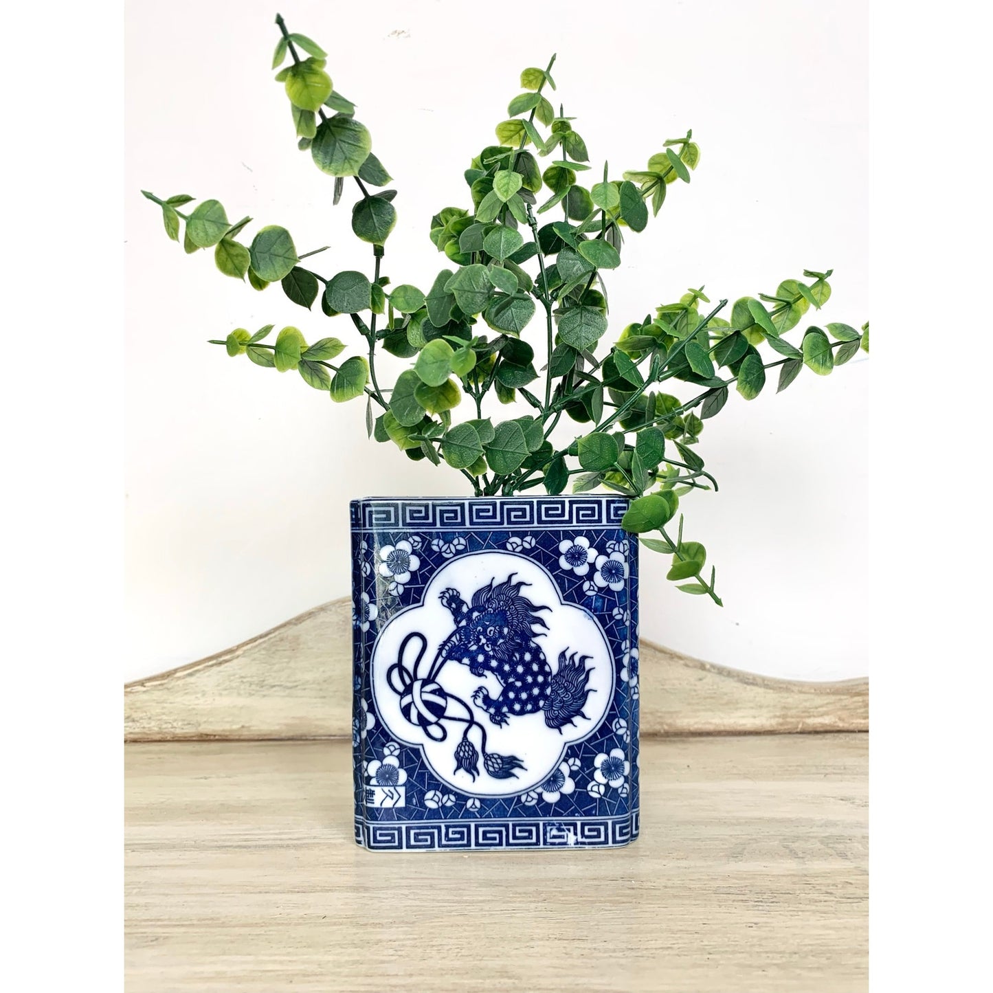 Vintage Chinoiserie Porcelain Flower Frog Blue White Foo Dog Vase Andrea by Sadek