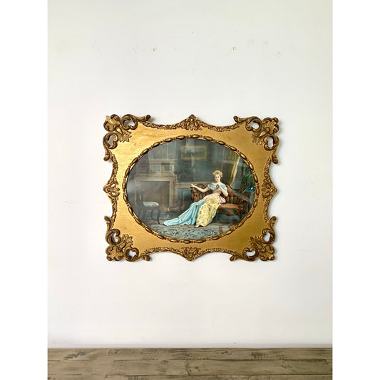 Vintage Gilt Rococo Framed Engagement Portrait Wall Art Romantic Print Ornate Carved Wood
