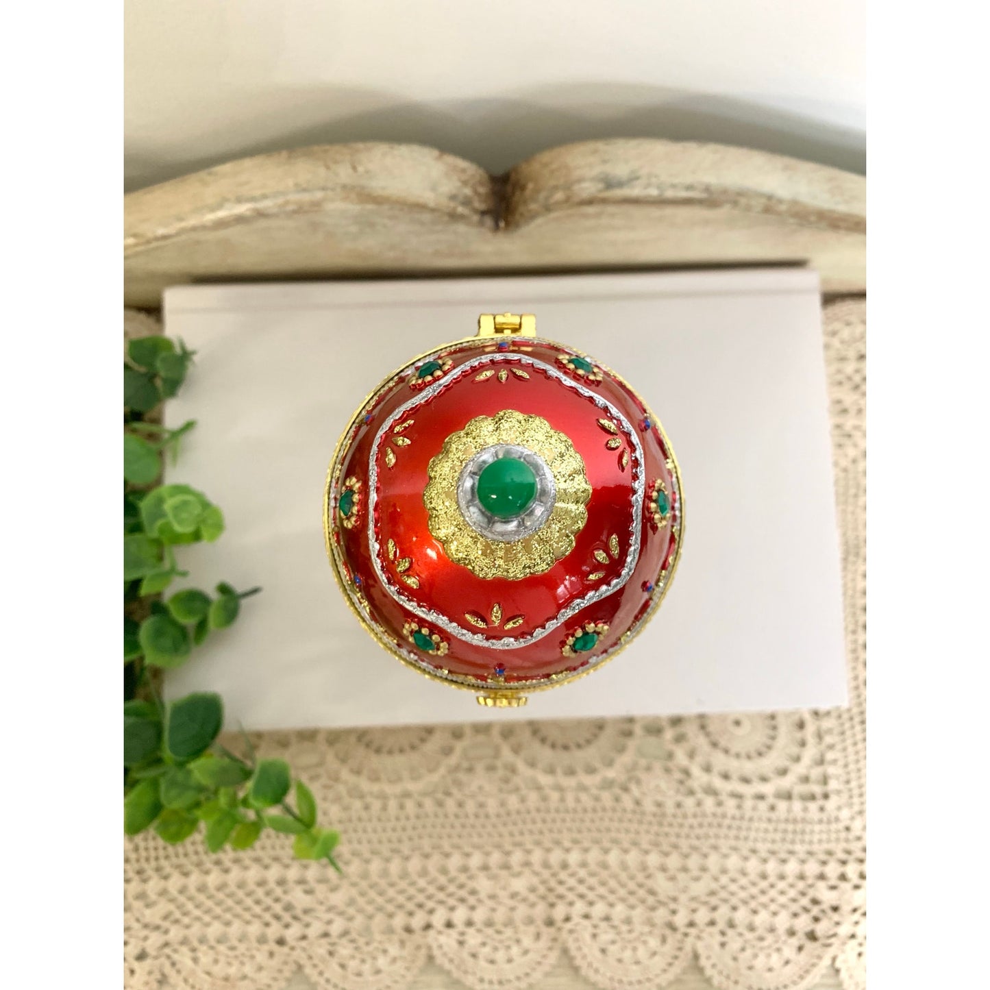 Vintage Faberge Style Red Enamel Egg Trinket Box Jeweled Pedestal Jewelry Box