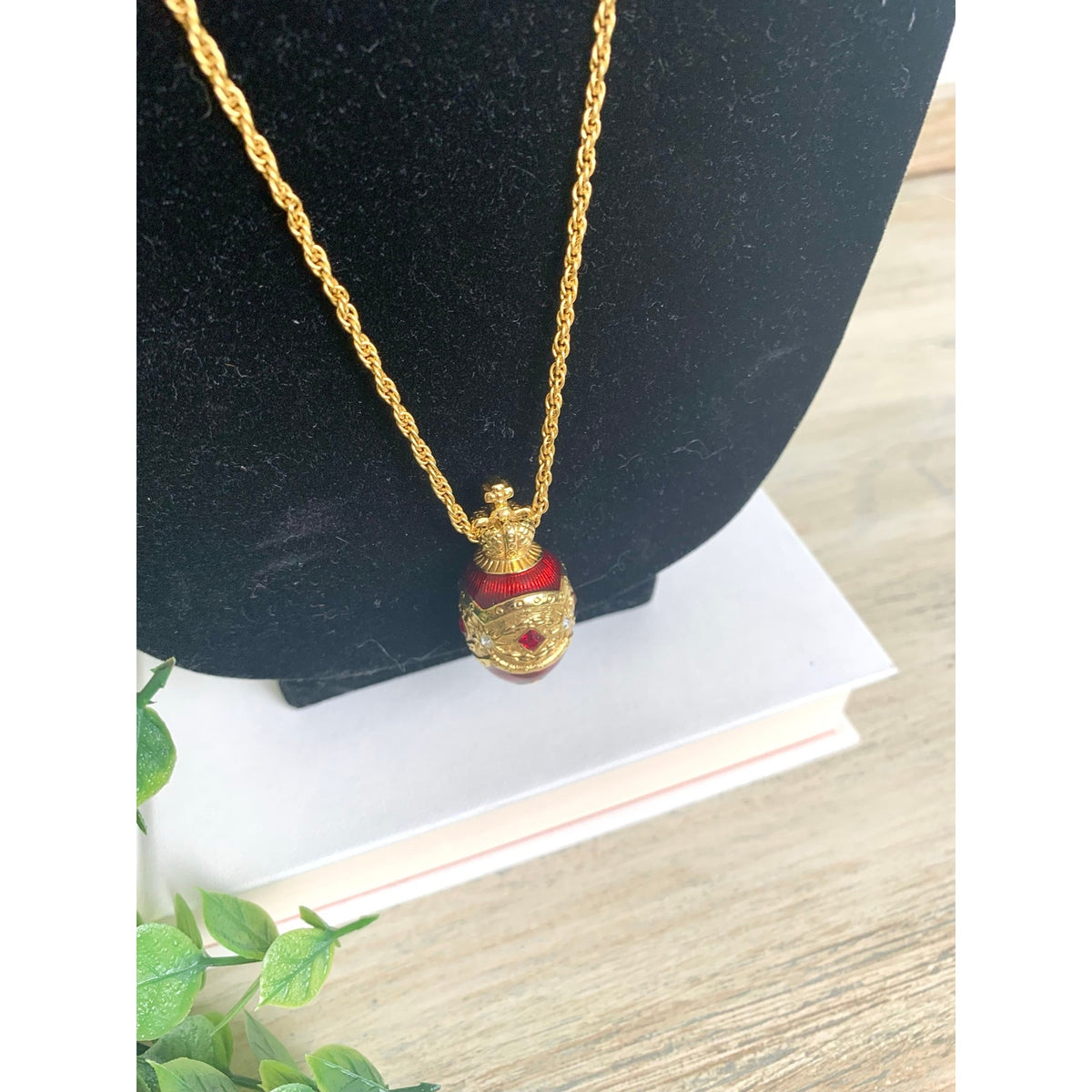 Vintage Joan Rivers Red Enamel Egg Pendant Necklace Crown Rhinestone Gold Tone