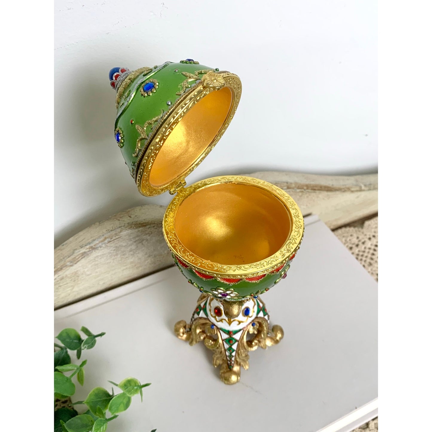 Vintage Faberge Style Green Enamel Egg Trinket Box Jeweled Pedestal Jewelry Box