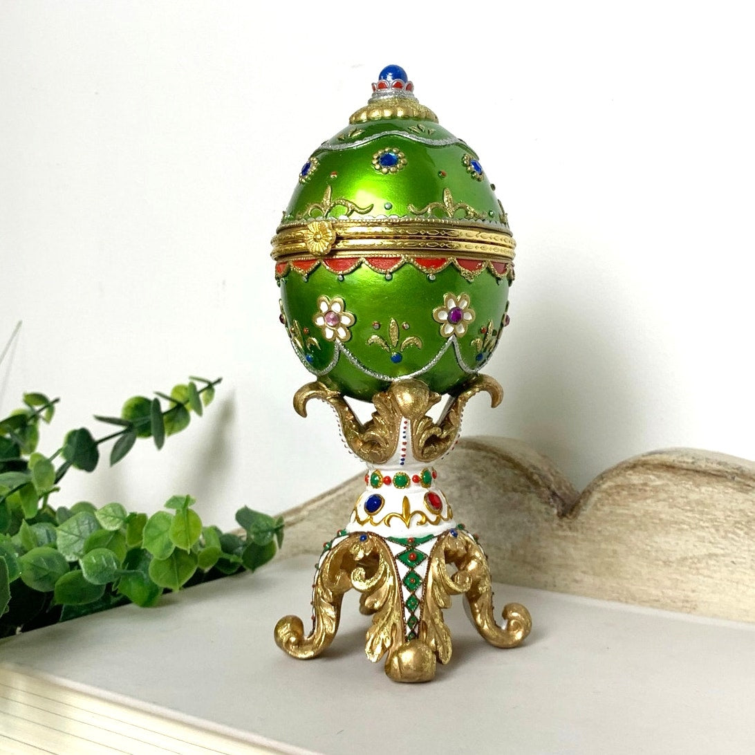 Vintage Faberge Style Green Enamel Egg Trinket Box Jeweled Pedestal Jewelry Box