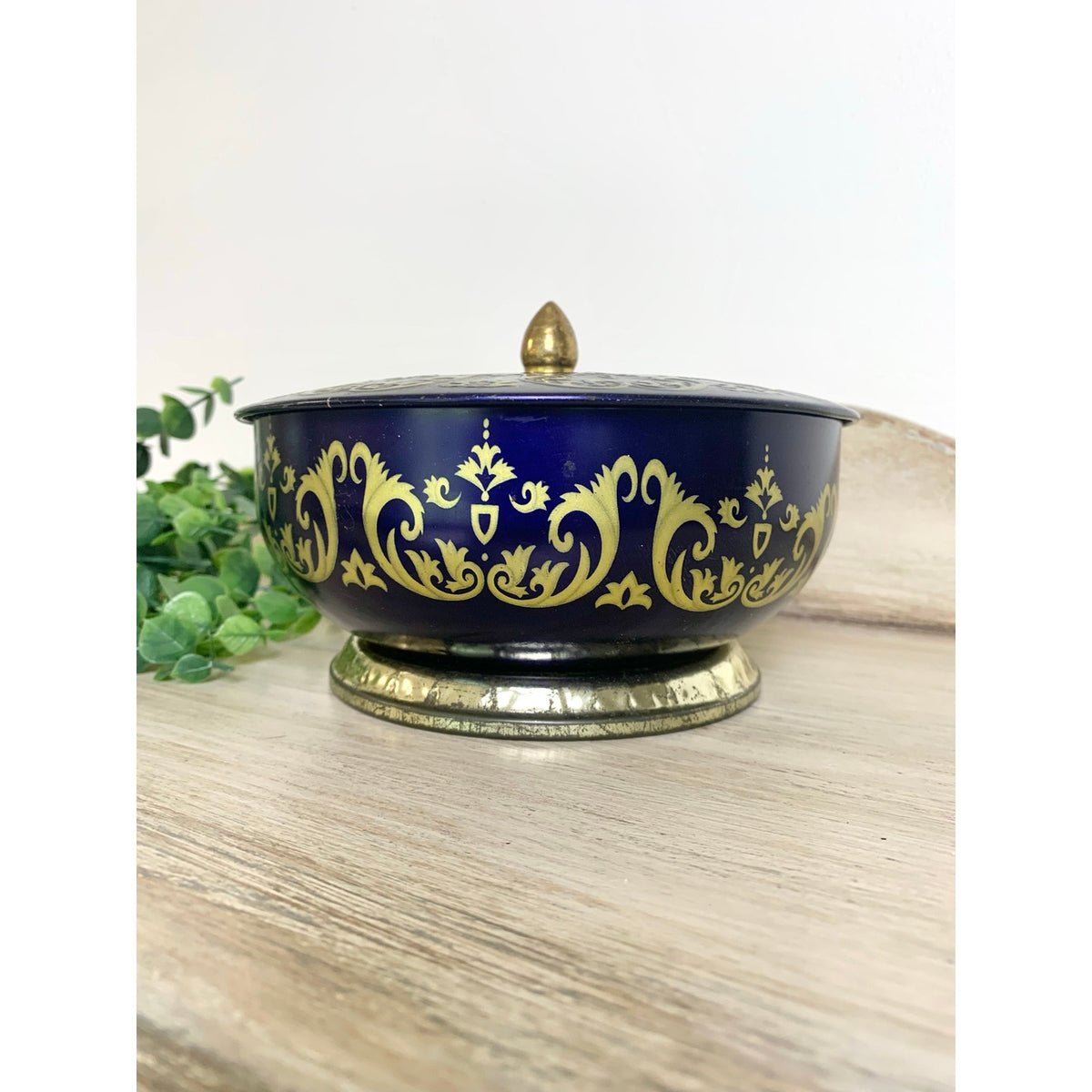 Vintage English Lidded Tin Tea Caddy Biscuit Tin Cobalt Blue Gold Lidded Container